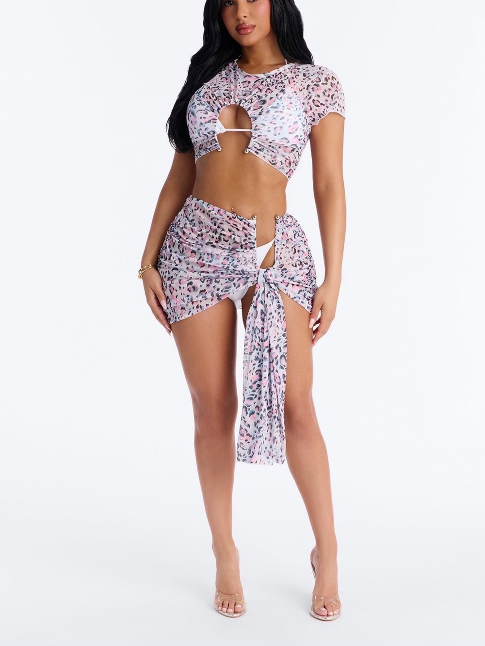 Fashion Nova Pink Leopard Tie-Side Swim Mini Skirt